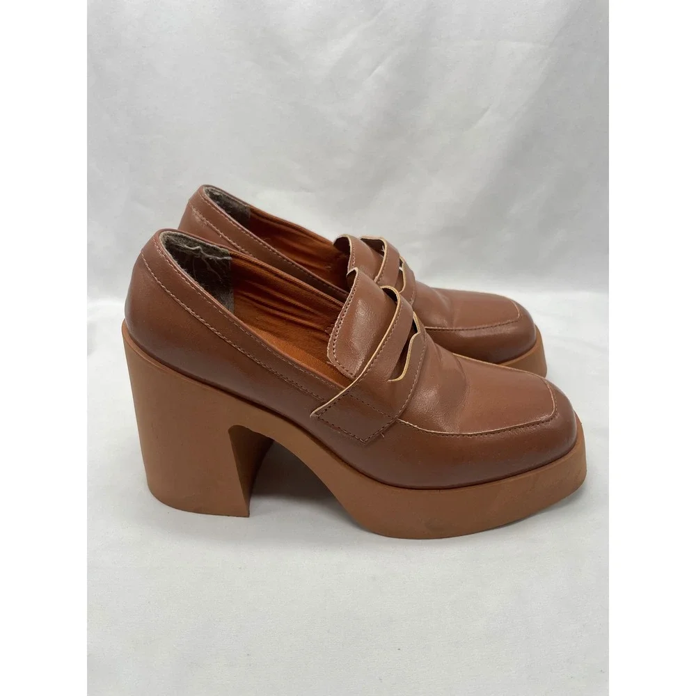 ASOS‎ DESIGN Profile Chunky High Heeled Loafer In Tan Size 40/9